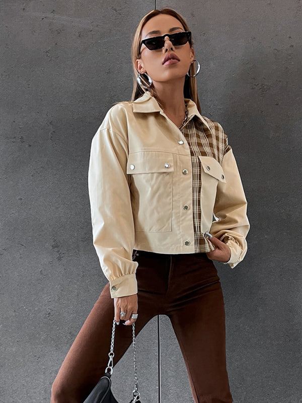 Women's Bi Patterns With Plaid Print Cropped Jacket - THE QUEEN RUNWAY