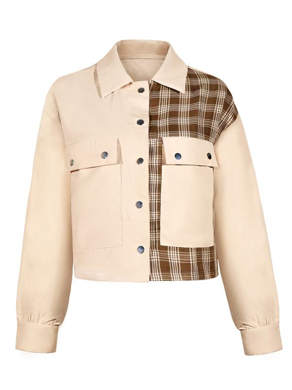 Women's Bi Patterns With Plaid Print Cropped Jacket - THE QUEEN RUNWAY