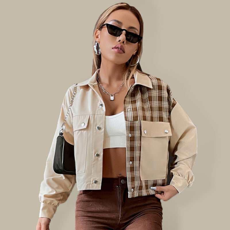 Women's Bi Patterns With Plaid Print Cropped Jacket - THE QUEEN RUNWAY