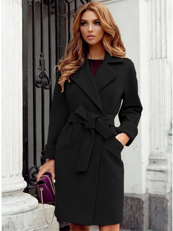 Women’s Stylish Solid Color Classy Collared Overcoat With Waist Tie And Hand Pockets - THE QUEEN RUNWAY