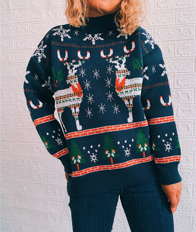 Women's Christmas Themed Elk Snowflake Christmas Tree Knit Sweater Sweater - THE QUEEN RUNWAY