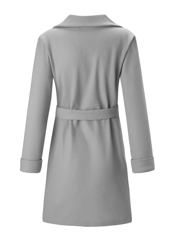 Women’s Stylish Solid Color Classy Collared Overcoat With Waist Tie And Hand Pockets - THE QUEEN RUNWAY