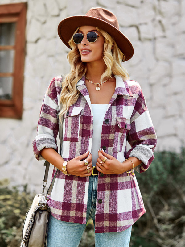 Women's Plaid long sleeve shirt casual coat - THE QUEEN RUNWAY