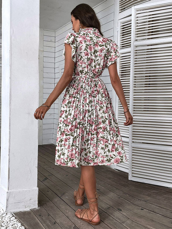 Summer European and American retro skirt print mid-length white dress - THE QUEEN RUNWAY