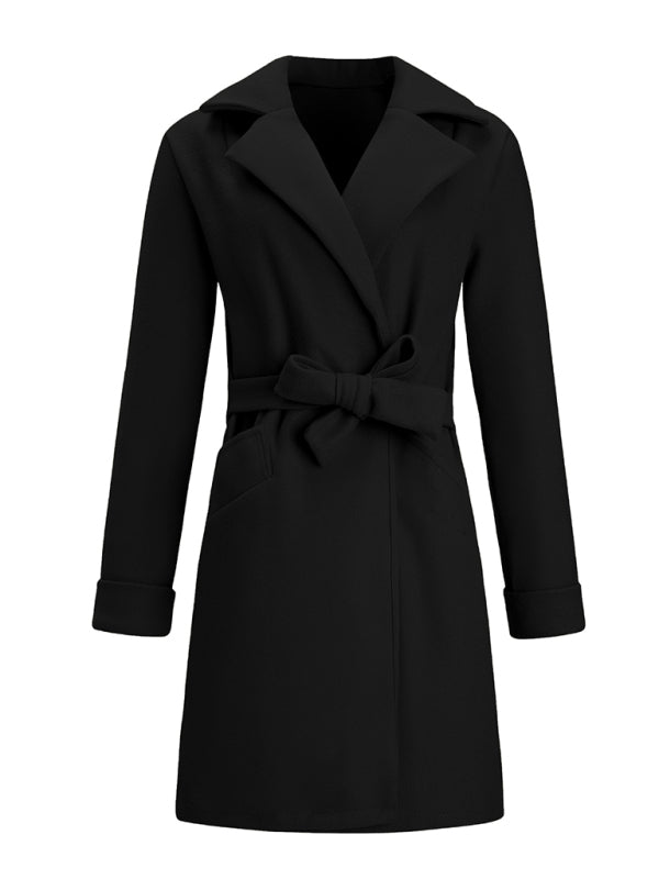 Women’s Stylish Solid Color Classy Collared Overcoat With Waist Tie And Hand Pockets - THE QUEEN RUNWAY