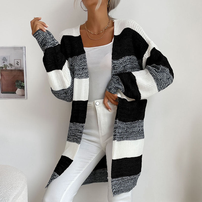 Women's Fashion New Arrival Long Buttonless Colorblock Sweater Jacket - THE QUEEN RUNWAY