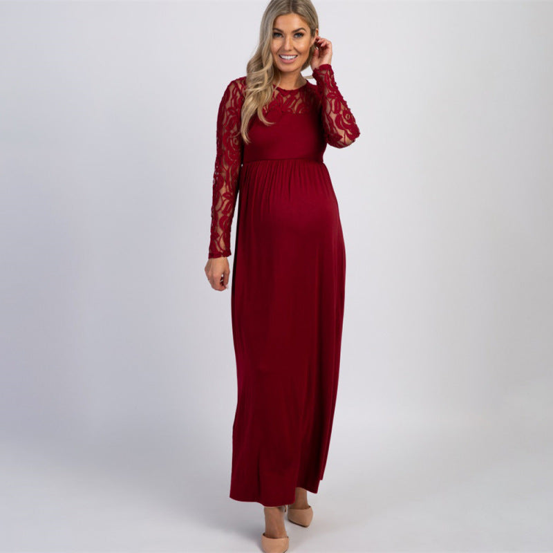 Women’s Lace Adorned Neckline And Long Sleeves Maxi Maternity Dress - THE QUEEN RUNWAY