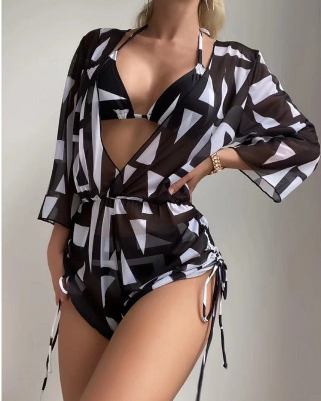 Women's Tropical Print Bikini Deep V-neck Long Sleeve Three Pieces SetTHE QUEEN RUNWAY