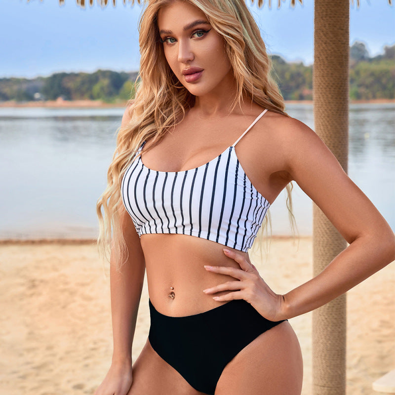 Women's Stripe Print Bikini Top Matches With High Waist Bikini Bottoms - THE QUEEN RUNWAY