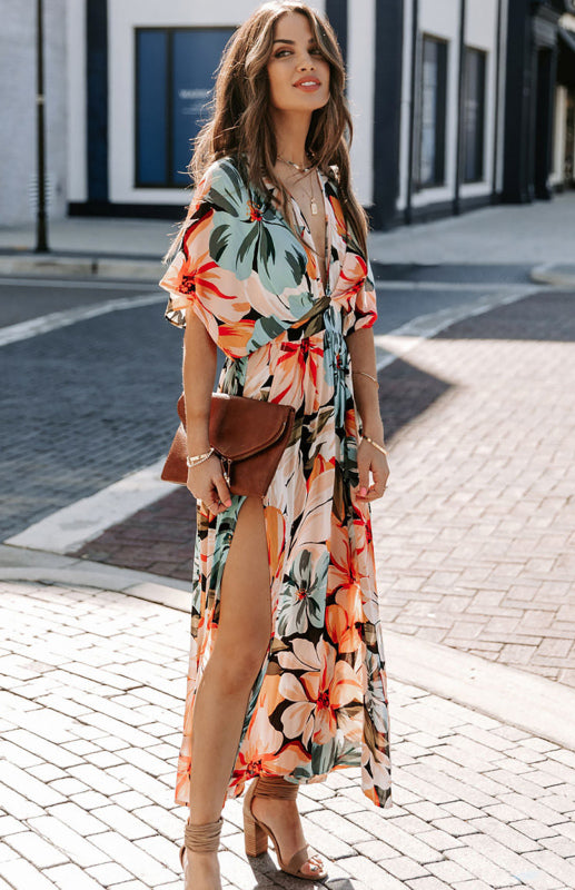 Women's Orange Split Floral Kimono Long DressTHE QUEEN RUNWAY