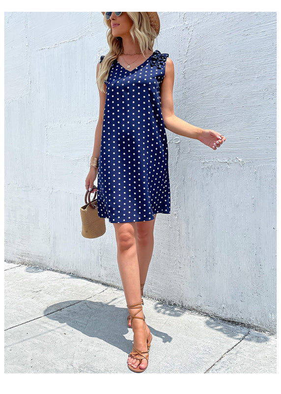 Summer blue polka dot skirt European and American fashion loose dress - THE QUEEN RUNWAY