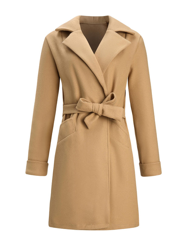 Women’s Stylish Solid Color Classy Collared Overcoat With Waist Tie And Hand Pockets - THE QUEEN RUNWAY