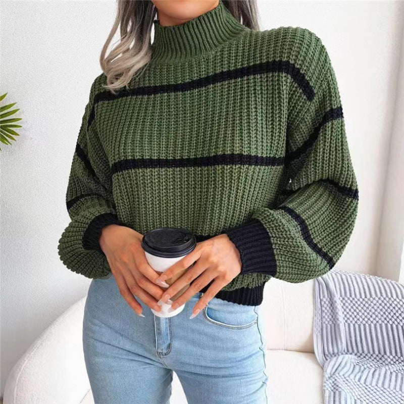 Women's Casual Striped Balloon Sleeve Turtleneck Sweater - THE QUEEN RUNWAY