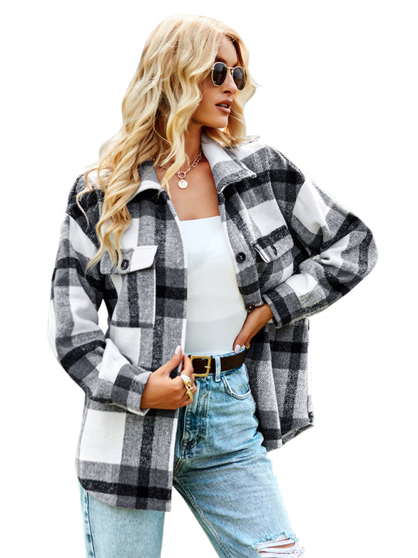 Women's Plaid long sleeve shirt casual coat - THE QUEEN RUNWAY