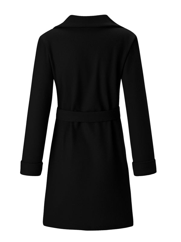 Women’s Stylish Solid Color Classy Collared Overcoat With Waist Tie And Hand Pockets - THE QUEEN RUNWAY