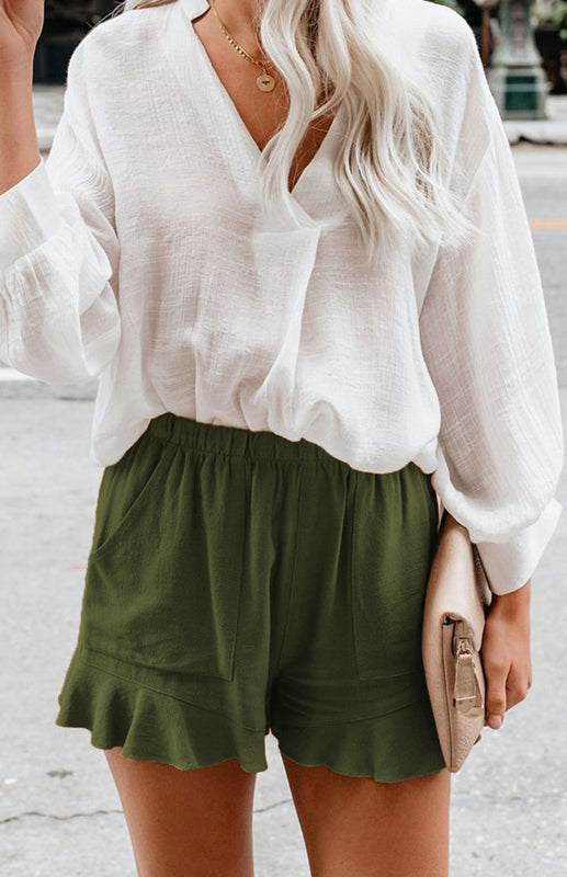 Women's Solid Color Elastic Waist Ruffled Shorts - THE QUEEN RUNWAY