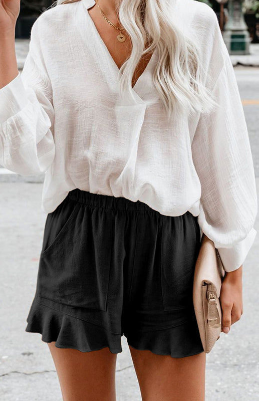 Women's Solid Color Elastic Waist Ruffled Shorts - THE QUEEN RUNWAY