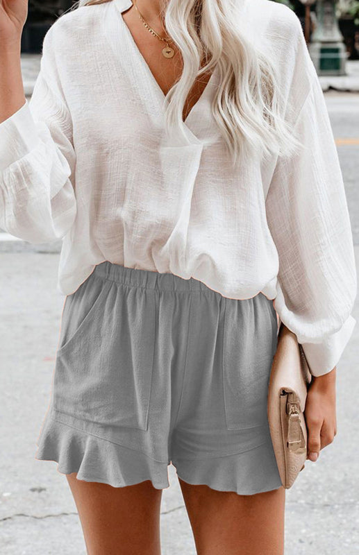 Women's Solid Color Elastic Waist Ruffled Shorts - THE QUEEN RUNWAY