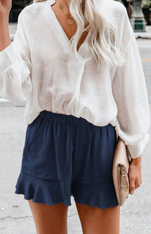 Women's Solid Color Elastic Waist Ruffled Shorts - THE QUEEN RUNWAY