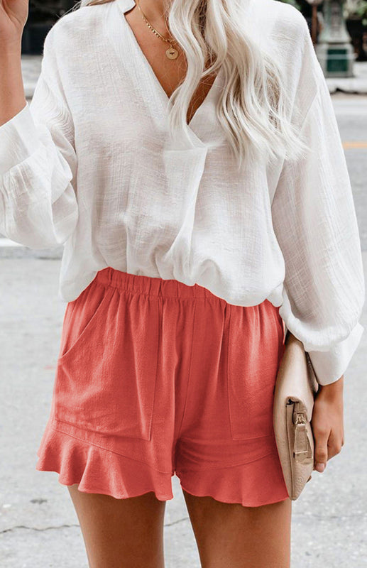 Women's Solid Color Elastic Waist Ruffled Shorts - THE QUEEN RUNWAY