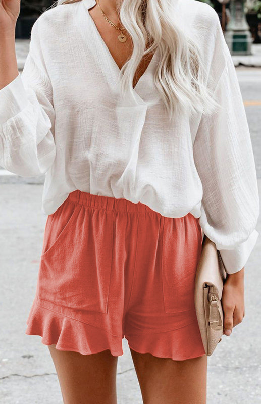 Women's Solid Color Elastic Waist Ruffled Shorts - THE QUEEN RUNWAY