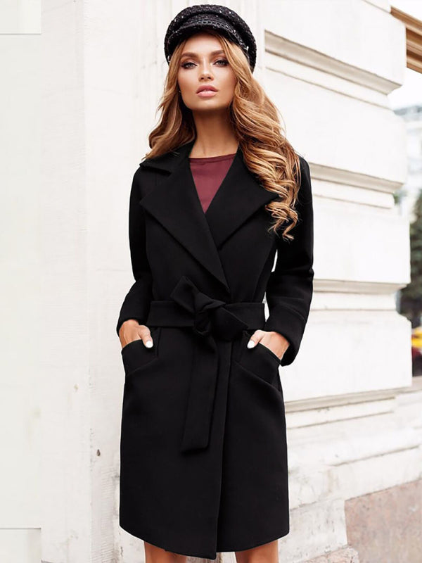Women’s Stylish Solid Color Classy Collared Overcoat With Waist Tie And Hand Pockets - THE QUEEN RUNWAY