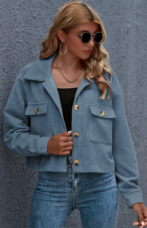 Women’s Solid Color Collared Button Up Cropped Corduroy Jacket With Front Pockets - THE QUEEN RUNWAY