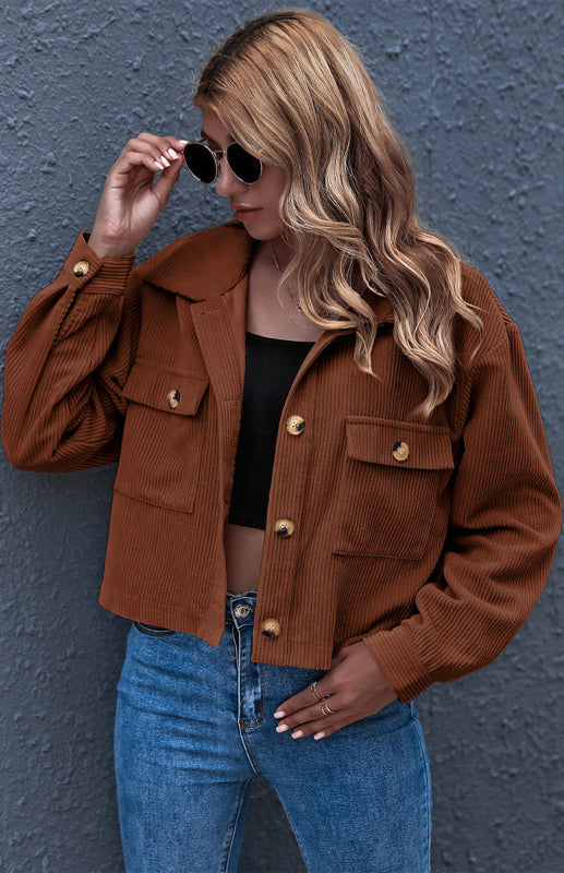 Women’s Solid Color Collared Button Up Cropped Corduroy Jacket With Front Pockets - THE QUEEN RUNWAY