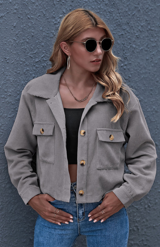 Women’s Solid Color Collared Button Up Cropped Corduroy Jacket With Front Pockets - THE QUEEN RUNWAY
