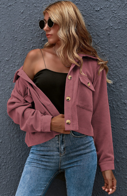 Women’s Solid Color Collared Button Up Cropped Corduroy Jacket With Front Pockets - THE QUEEN RUNWAY