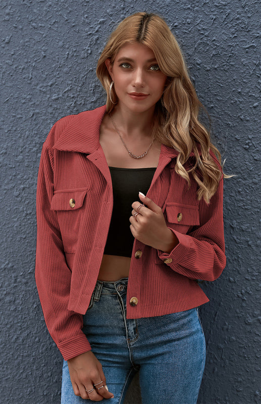 Women’s Solid Color Collared Button Up Cropped Corduroy Jacket With Front Pockets - THE QUEEN RUNWAY