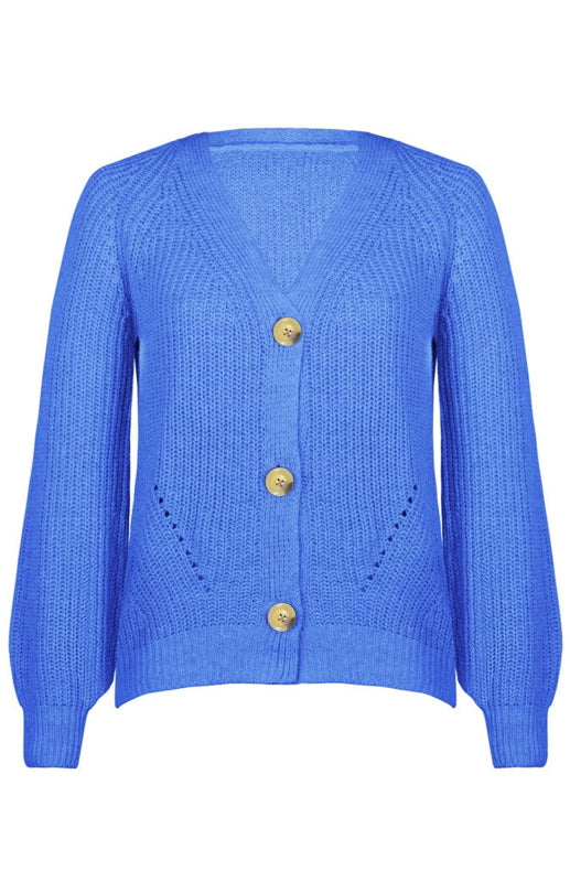Solid V-Neck Lantern Sleeve Button Knit Cardigan - THE QUEEN RUNWAY