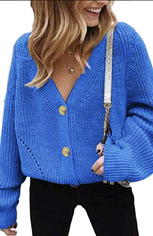 Solid V-Neck Lantern Sleeve Button Knit Cardigan - THE QUEEN RUNWAY