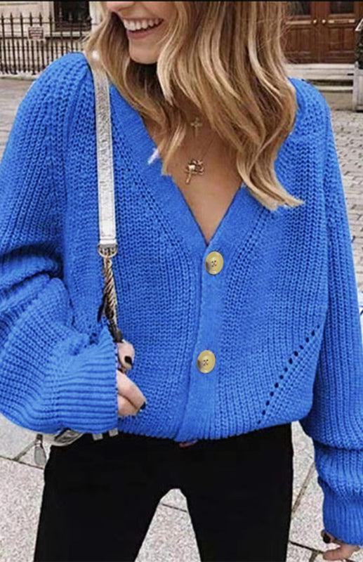 Solid V-Neck Lantern Sleeve Button Knit Cardigan - THE QUEEN RUNWAY