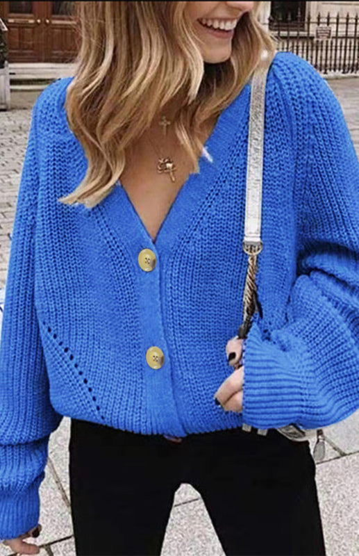 Solid V-Neck Lantern Sleeve Button Knit Cardigan - THE QUEEN RUNWAY