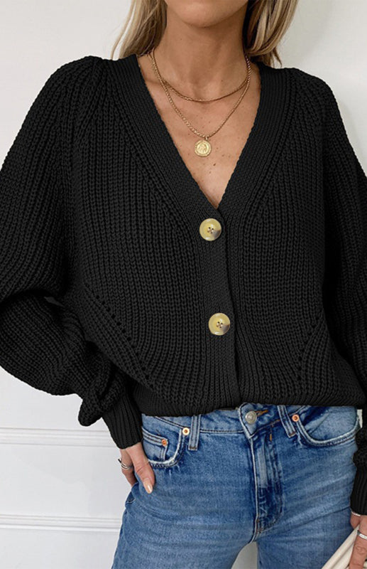 Solid V-Neck Lantern Sleeve Button Knit Cardigan - THE QUEEN RUNWAY