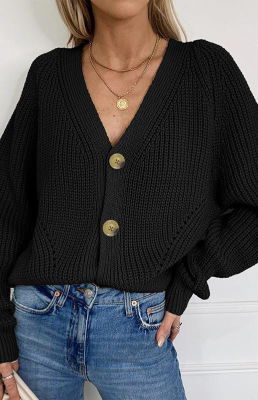 Solid V-Neck Lantern Sleeve Button Knit Cardigan - THE QUEEN RUNWAY