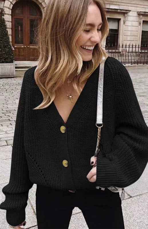 Solid V-Neck Lantern Sleeve Button Knit Cardigan - THE QUEEN RUNWAY
