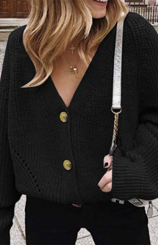 Solid V-Neck Lantern Sleeve Button Knit Cardigan - THE QUEEN RUNWAY