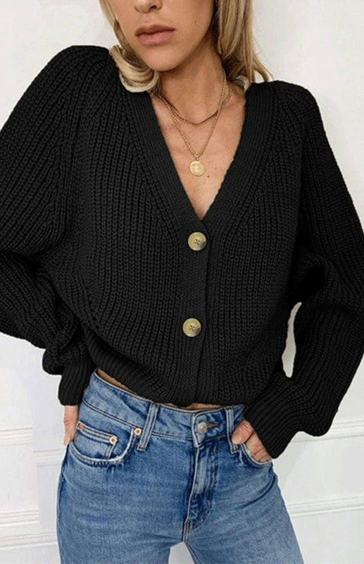Solid V-Neck Lantern Sleeve Button Knit Cardigan - THE QUEEN RUNWAY