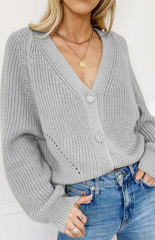 Solid V-Neck Lantern Sleeve Button Knit Cardigan - THE QUEEN RUNWAY