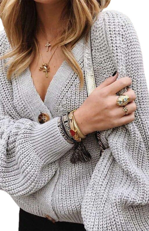 Solid V-Neck Lantern Sleeve Button Knit Cardigan - THE QUEEN RUNWAY