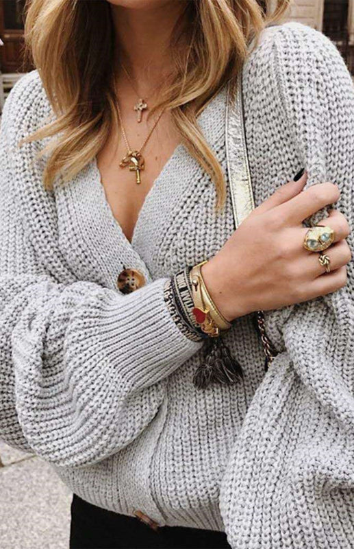Solid V-Neck Lantern Sleeve Button Knit Cardigan - THE QUEEN RUNWAY