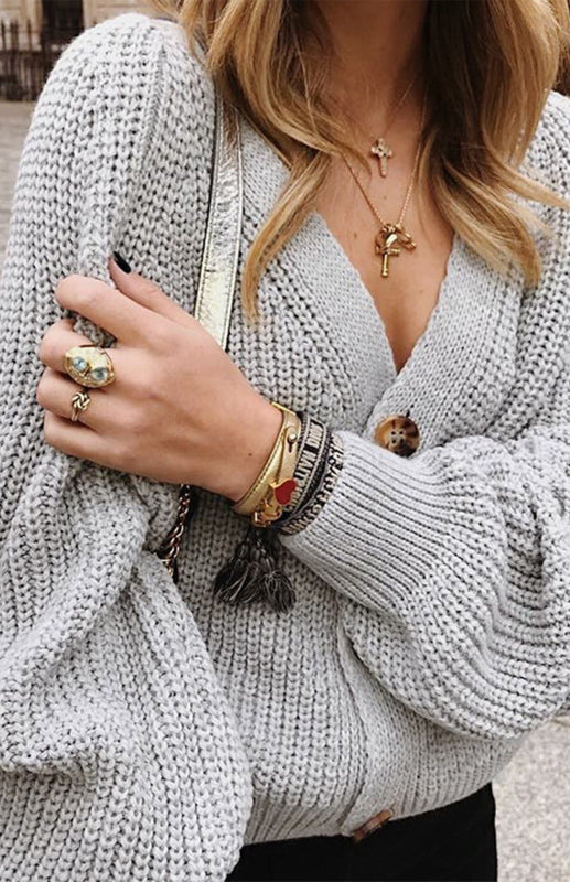 Solid V-Neck Lantern Sleeve Button Knit Cardigan - THE QUEEN RUNWAY