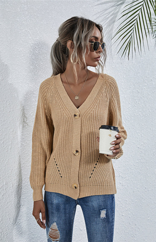 Solid V-Neck Lantern Sleeve Button Knit Cardigan - THE QUEEN RUNWAY