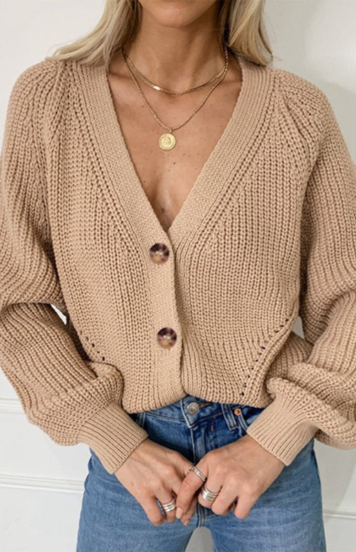Solid V-Neck Lantern Sleeve Button Knit Cardigan - THE QUEEN RUNWAY