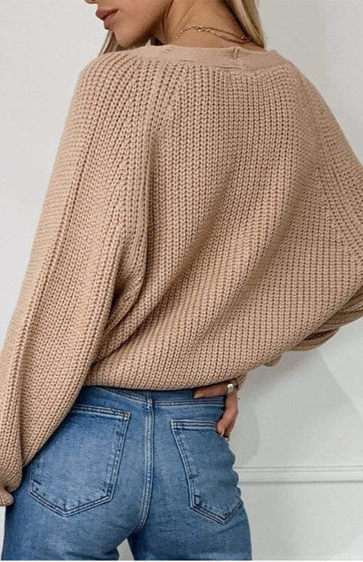 Solid V-Neck Lantern Sleeve Button Knit Cardigan - THE QUEEN RUNWAY