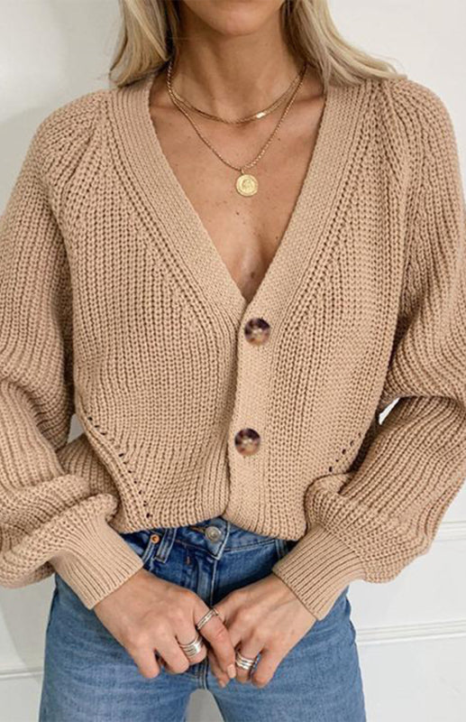 Solid V-Neck Lantern Sleeve Button Knit Cardigan - THE QUEEN RUNWAY