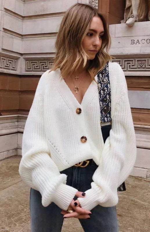 Solid V-Neck Lantern Sleeve Button Knit Cardigan - THE QUEEN RUNWAY