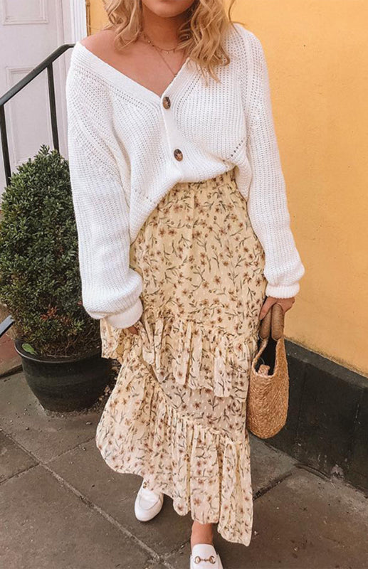 Solid V-Neck Lantern Sleeve Button Knit Cardigan - THE QUEEN RUNWAY
